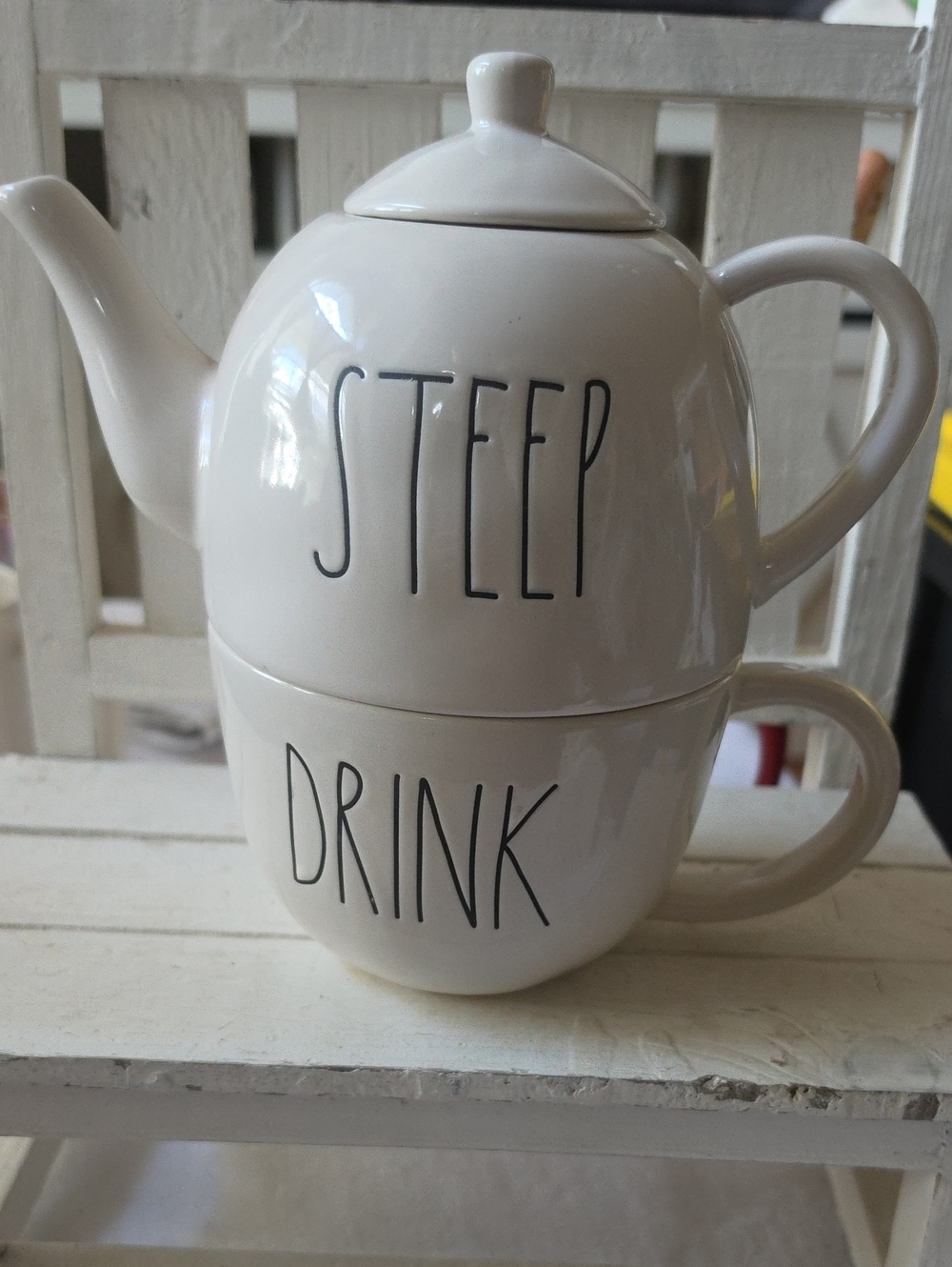 Rae Dunn 'Steep Drink' Teapot and Cup Set.